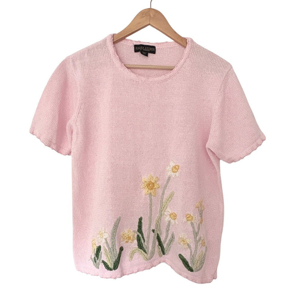 Vintage Floral Embroidered Pink Sweater Size L Cottage Grandmacore Garden Pastel
